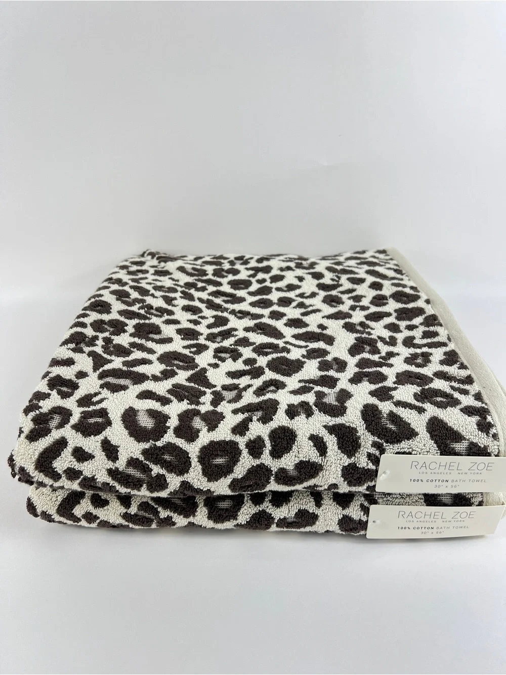Rachel Zoe Leopard Bath Towel Set Brown Cream Animal Print Soft Cotton 2 Pc NEW
